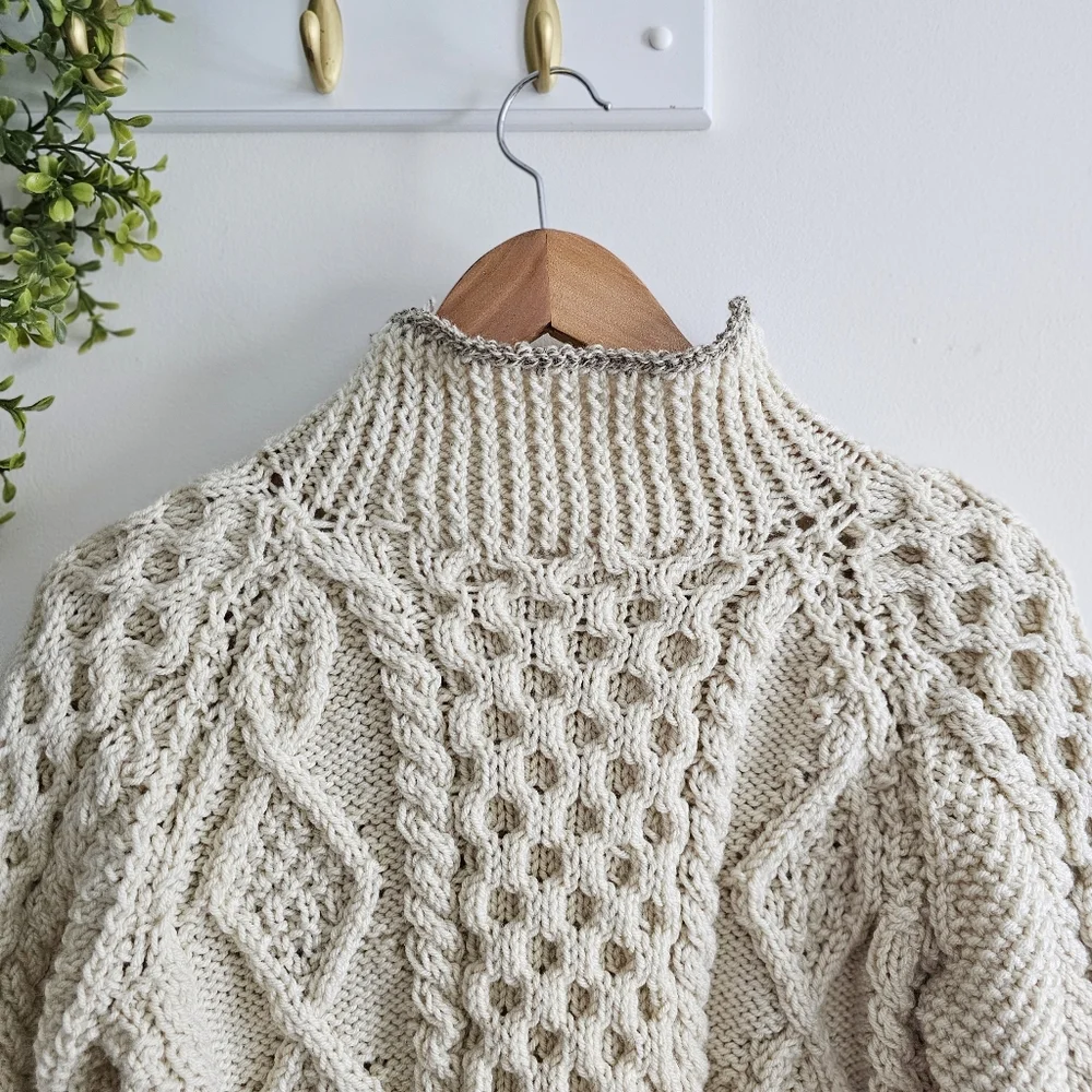 Vintage Hand Knit Cream Chunky Cardigan  Sweater Jacket Children Size Large